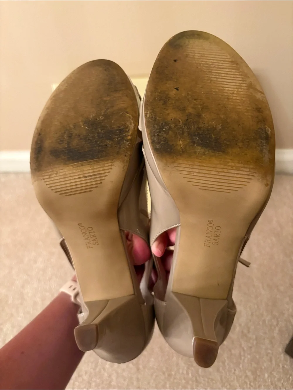 Franco Sarto Beige Patent Peep-Toe Ankle-Strap Heels